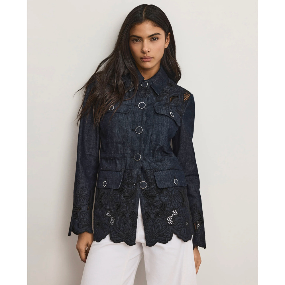 Veronica Beard Kiki Eyelet Jacket Navy Chambray Cinched Field Jacket - Picture 7 of 12